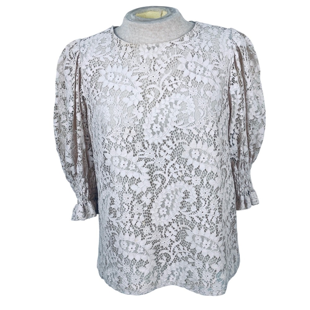 Sundance Women Blush Pink Floral Lace Puff Sleeve Smocked Cuff Blouse Size M